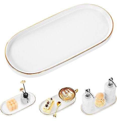 Luxspire Bathroom Vanity Tray, Ceramic Dresser Jewelry Dish with Golden Rim, Decorative Tray Countertop Sink Storage Holder Organizer for Soap Candles Perfume Cosmetic Home Decor, Matte White