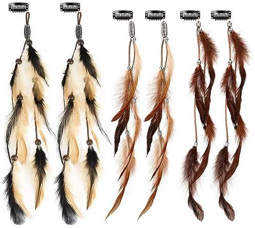 MWOOT 6 Piezas Clips de Pelo Pluma India, Bohemio Plumas Extensiones de Cabello, Accesorios de pelo Hippie para Mujeres, Festival Decoracion de Cabello Accesorios