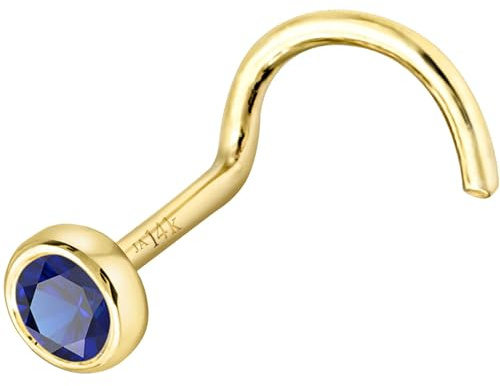 Jewelry Avalanche Solid 14K Yellow Gold Nose Screw Stud Bezel Set 3mm Blue Sapphire 22G Cork-screw Nose Stud - September Birthstone Nose Ring Stud NSBZ-SP30YG