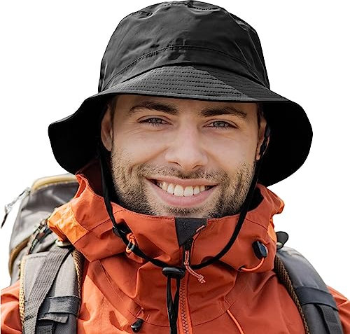 TOP-EX wasserdichte Regenhüte für Herren & Damen, Allwetter Outdoor Safari Hut faltbar, UPF 50 Golf Eimer Sonnenhüte zum Angeln, Wandern, Trekking, verstellbar & Winddicht XL/XXL Schwarz