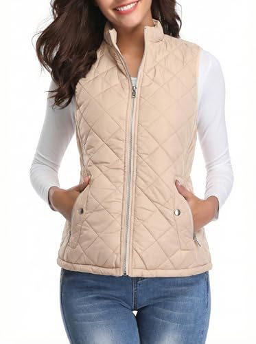 Fuinloth Damen Steppweste, Stehkragen, leicht, Reißverschluss-Design, Beige, Large