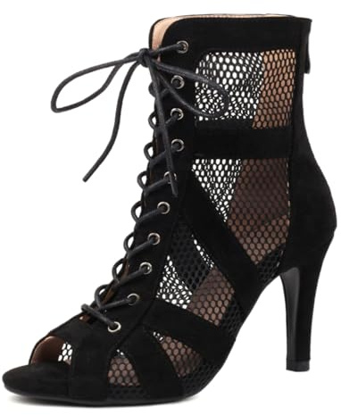 Women Gladiator Sandals Breathable Dance Heels Strappy Peep Toe Lace Up Zipper Burju Dance Heels Class Shoes Stiletto Heels Suede Black Size 41