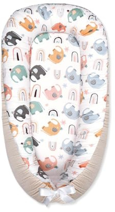 SONARIN Portatile Riduttore Lettino Neonato,88 x 53 cm Baby Nest Nido Neonati Riduttore Culla da Viaggio per Bambini, con100% Cotone Copertura Reversibile Lavabile(Elefante Colorato)