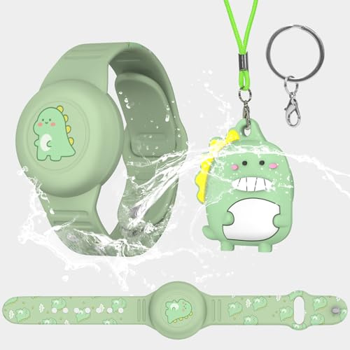 Kompatibel mit Apple Airtag, Wasserdichtes Dinosaurier Design, Weiches Silikon Airtag Armband, Wasserdicht, Kinderfreundlich, mit Lanyard und Schlüsselanhänger, GPS Tracker Armband