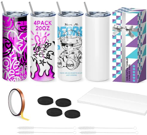 WULAIHO Sublimation Blank Tumbler, 4 Pack, 20oz Sports Wide Mouth Stainless Steel Water Bottle, Vacuum Flask with Portable Handle and Straw for Tumbler Press Machine Sublimation Print