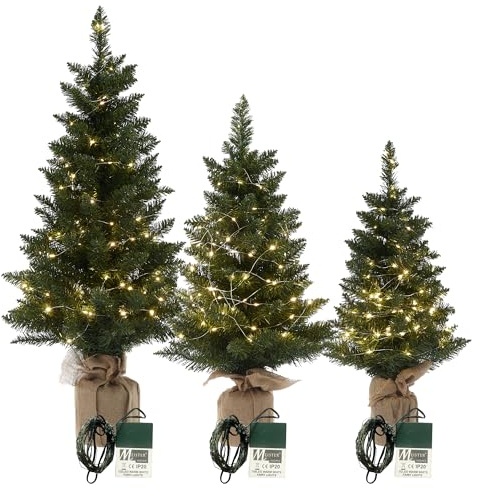Meisterhome® 3-teiliges Set Künstlicher Weihnachtsbäume mit LED-Lichtern – Realistische Tannennadeln & Jutefuß – Höhen 75/90 / 120 cm – Langlebige & stilvolle Weihnachtsdeko