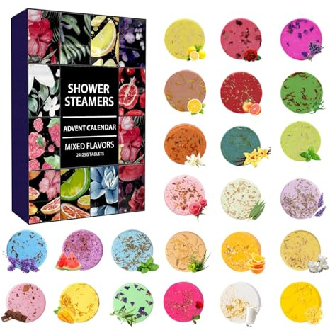 24Pcs Shower Steamers Advent Calendar 2025, Natural Essential Oils Body Restore Mood Boost Relax Shower Steamers Aromatherapy for Women Men Gifts