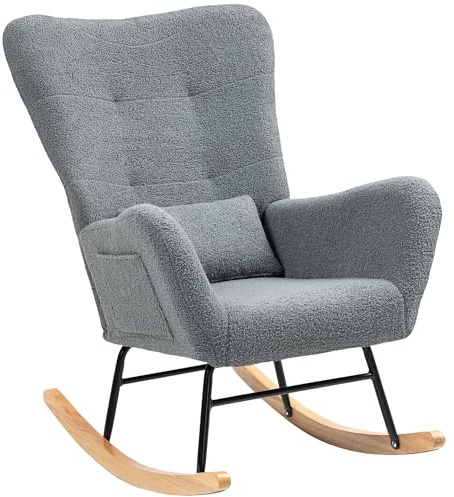 HOMCOM Silla Mecedora Moderna, Mecedora Tapizada en Terciopelo de Teddy, Sillón de Lactancia con Respaldo Acolchado Alto, Almohada, Patas de Madera, Bolsillo Lateral, para Dormitorio, Salón, Gris