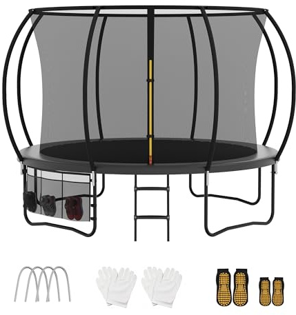 VFU Trampolin Outdoor Ø 222/305/366/427 cm, SGS-Zertifikat, Gartentrampolin mit Sicherheitsnetz, Schuhtasche und Leiter, Rundes Riesentrampolin für Kinder und Erwachsene mit Randabdeckung, Schwarz