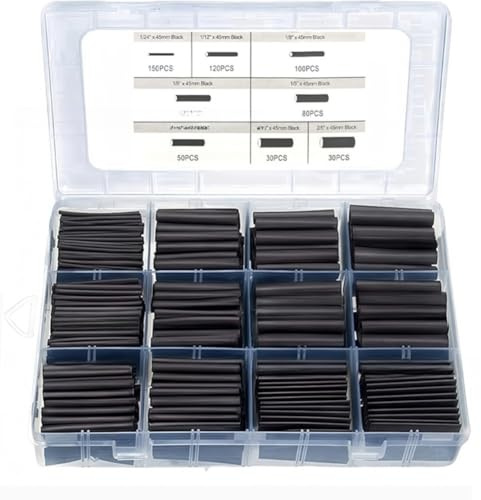 Wodsty Kit de 650 tubos retráctiles Ht, 8 tamaños de tubo retráctil de polietileno negro para envoltura de alambre, funda de cable eléctrico y protección de junta de soldadura, Rohs Comiant