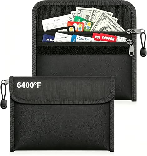 Lot de 2 Sac Ignifuge pour Documents (21,5x15cm), Pochette Ignifugée Étanche avec Double Fermeture Éclair, Rangement de Sécurité pour Argent, Passeport et Objets de Valeur