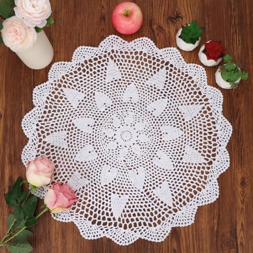 kilofly Handmade Crochet Cotton Lace Table Sofa Doily, Waterlily, White, 22 inch