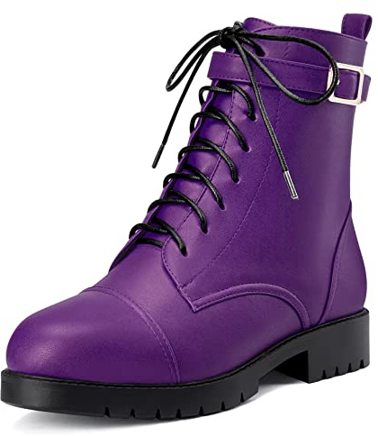 NobleOnly Femmes Bas Bloc Chunky Talon Heel Rond Bout Lacets Fermeture à Glissière Bottines Bureau Classique Chaussures Violet A 39 EU