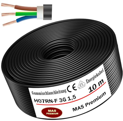 MAS Premium 5-100m Gummischlauchleitung Energiekabel Baustellenkabel H07RN-F 3G 1, 3G 1,5, 3G 2,5, 3G 4, 3G 6, 3G 10 oder 3x 1,5 Flexibel Leitung für schweren Geräten (H07RN-F 3G1,5 mm², 10m)
