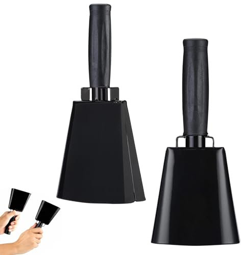 YanBous Kuhglocke aus Stahl, 2 Stück, Kuhglocken,25,4 cm mit Griff, jubelnde Handglocke für Fußballspiele, Party, Bauernhof, Sportveranstaltungen, Handspiel, Musikinstrument (schwarz)