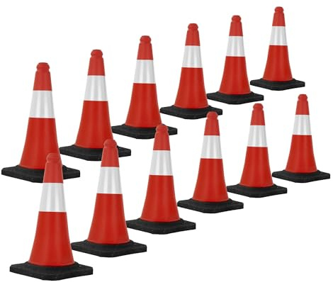 ECD Germany 12x Cono de Tráfico Obra Pieza de Señalización Emergencia Color Rojo y Blanco 51 cm de Altura con Base Pesada y Robusto Pilón de Seguridad con Bandas Reflectantes Flexible y Transportable