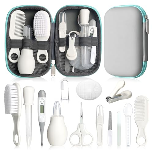 Baby Grooming Kit, Infant Safety Care Set with Hair Brush Comb Nail Clipper Nasal Aspirator,Baby Essentials Kit for Newborn Girls Boys (Grey White)