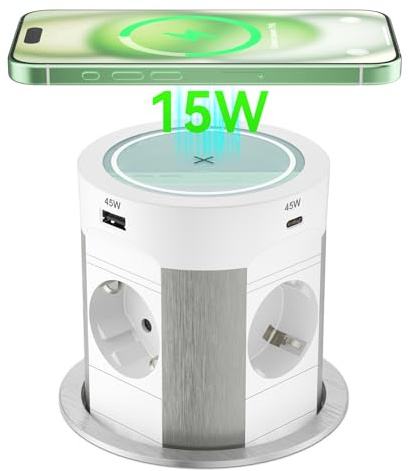 Presa a scomparsa con USB C PD 75 W, 4 prese da incasso con caricatore wireless da 15 W, presa da tavolo a scomparsa per piano di lavoro cucina, cavo da 1,8 m, bianco