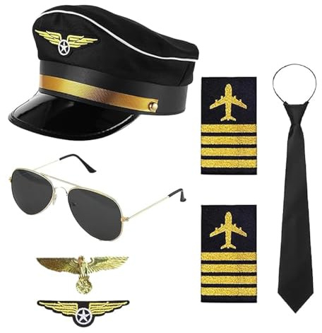 XFSRG Accessoires de Costume de Pilote Kit Costume de Capitaine avec Epaulettes Rayures Chapeau de Pilote Casquette Badge Lunettes pour Fête de Carnaval Cosplay
