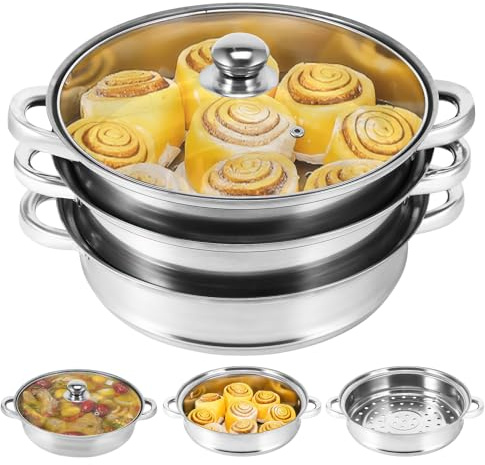 Stainless Steel 3 Tier Steamer 28cm, Food Steamer Pot with Glass Lid Soup Pot for Induction Hob and Gas Hob