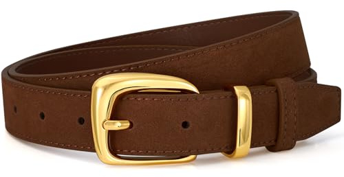 SANSTHS Women Suede Leather Belt for Dresses Jeans Fashion Retro Gold Buckle Ladies Waist Belts,Coffee,M