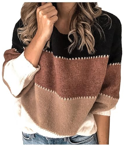 Pull Chaud Femme Manche Longue- Pull Hiver Rayures Couleur Assortie Col Rond Coupe Ample Décontracté Sweater Chic Et Élégants Confortable Doux Tempérament Pullover Passe-Partout Chandail