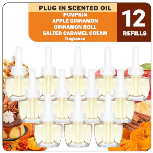 SCENTORINI Doftoljeflaska, påfyllning, kompatibel med Air Wick och Glade doftplugg, 12 x 19 ml, pumpa, äppelkanel, kanelsnigel, saltad karamellkräm rumsdoft, luftfräschare, rum doftolja