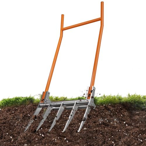 LOFTPLUS Broadfork Fourche funéraire pour jardin – 50 cm de large Broadfork avec 5 dents, robuste et durable, double fourche avec marchepied, fourche de jardin pour enlever les mauvaises herbes et