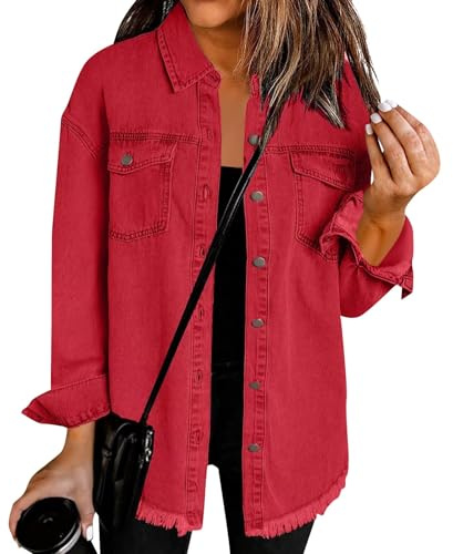 Lxitoler Denim Jackets Women Button Down Autumn Jacket Oversized Boyfriend Shackets Solid Colour Regular Fit Jean Shirt With Pockets