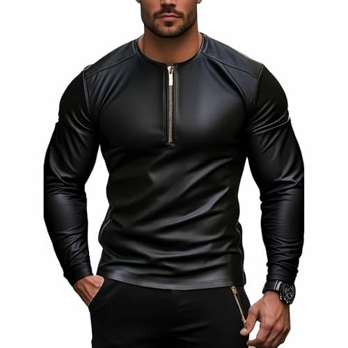 Camicia a maniche lunghe da uomo in pelle PU lucida, a maniche lunghe, casual, con chiusura lampo, maglietta effetto bagnato, maglietta per il tempo libero, sexy per feste e clubwear, O nero., XXXL
