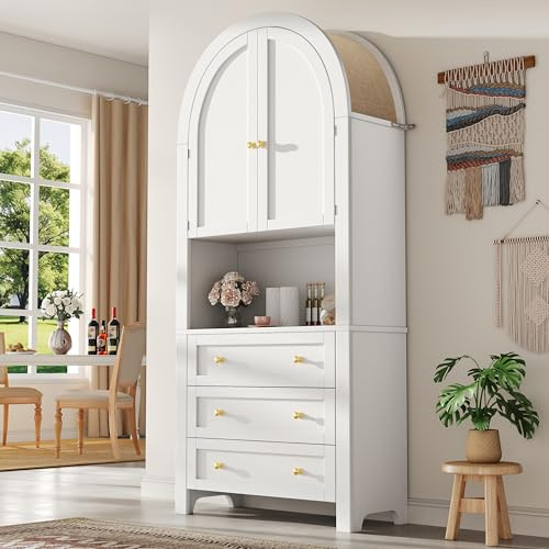 Yihomfy 180cm Garde-Manger de Cuisine Arqué de Haut, Armoire de Rangement en Bois Style Ferme Moderne avec 3 Grands Tiroirs et Étagère Ouverte pour Cuisine,Salle à Manger et Salon (Blanc)