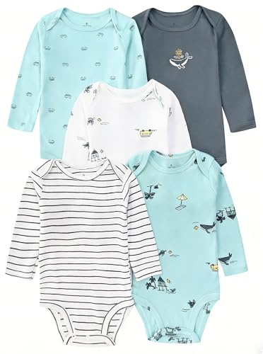 NNYX Baby Bodysuits Baby Vests Newborn Vests Short-Sleeve & Long-Sleeve Infant Bodysuits Soft Cotton Undershirt Baby Clothes for Premature Baby Boys and Girls 5 Pack, 0-24 Months