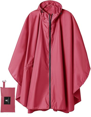 Rain Poncho Coat For Adults Outdoor Hooded Waterproof Zipper Rainwear Pink