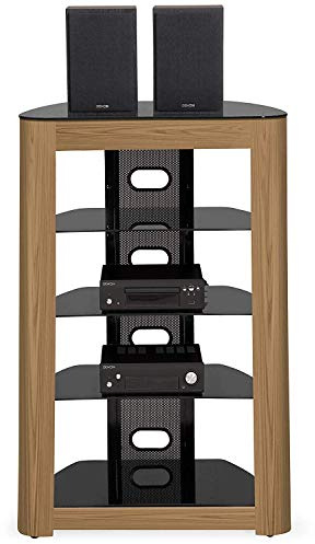 Homeology ZINNIA 5-Tier Real Wood Mountain Oak Facia with Gloss Black Shelves Entertainment Media Audio Rack