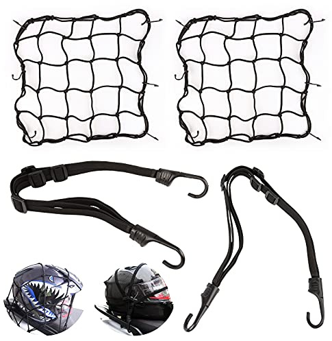 Yisscen 2pz Rete Ragno Elastica + 2pz Corda Elastica Nylon,con Ganci,Moto Accessori Portapacchi Bicicletta Rete elastica portaoggetti Nero (Rete per Casco 40 * 40cm,Cinghia Elastica 60cm)