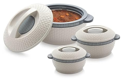Rishabh Insulated Hot pot Casserole Hot & Cool Food Serving Dish with Lid, Double Wall. Stainless Steel Inside Set of 3 (Size 1500,2000, & 2500ml) (Grey)