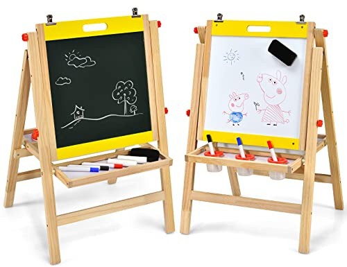 LIFEZEAL Lavagna per bambini 2 in 1, cavalletto regolabile per bambini, alzata e abbassabile, lavagna pieghevole in legno, lavagna a doppia faccia e lavagna bianca, con accessori e ripiano (giallo)