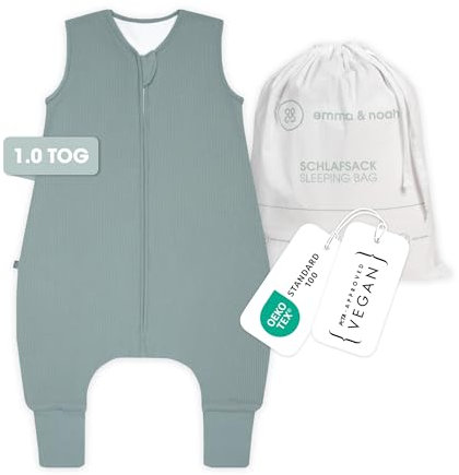 emma & noah Baby Schlafsack mit Füßen 1.0 TOG, Ganzjahres Schlafsack mit Beinen für den Frühling, Sommer und Herbst, 100% Bio-Baumwolle, Oeko-TEX Zertifiziert (Essential Mint, 80 cm)
