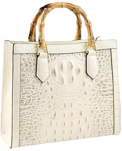 Crocodile Pattern Leather Women's Bag Bamboo Top-Handle Satchel Handbags Portable Tote Bag Shoulder Messenger Bags, White