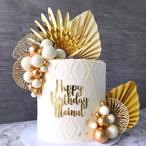 JeVenis Boho Cake Decoration Set: 10 x White Balls, 10 x Gold Balls, 4 x Ginkgo Leaves, 4 x Golden Palm Leaves, 1 x Champagne Golden Palm Leaf