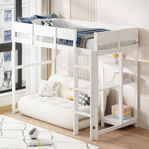 Merax Lit Mezzanine 1 Place, 90x200 cm, Multifonctionnel Lit Enfant avec Étagère de Rangement, Blanc (sans Matelas)