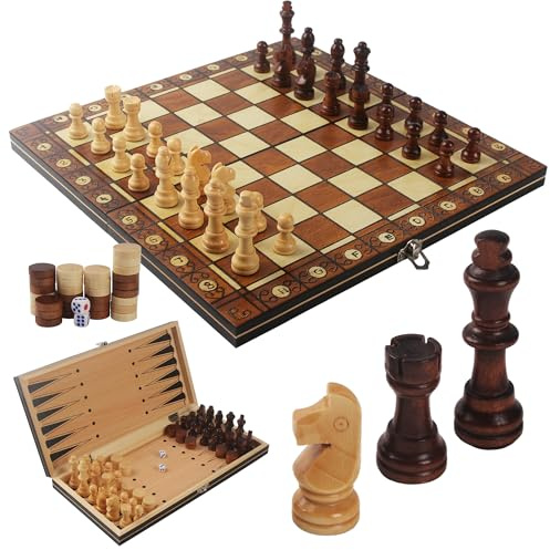 Scacchiera in Legno, 3 in 1, 34x34cm Scacchiera Magnetica Portatile, Gioco da Tavola per Bambini e Adulti