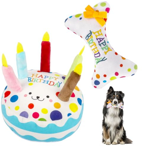 Wznnlt Set di giocattoli per cani di compleanno – torta di peluche cigolante e giocattoli con ossa per cani regali di compleanno, divertenti giocattoli interattivi per cuccioli per celebrazione del