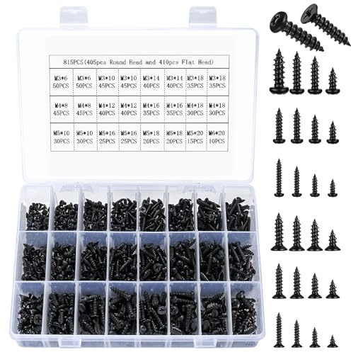 815 PcsVis Autotaraudeuses pour Métal Noires M3 M4 M5 M6: 405 PcsVis à Tête Ronde et 410 Vis Tete Fraisee cruciforme, Vis à Tôle Auto Fforeuse pour Metal