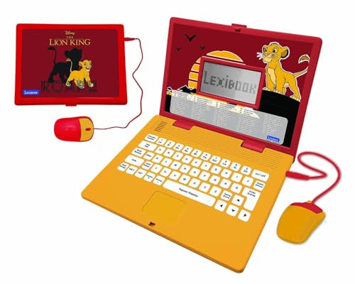 Lexibook, Disney Le Roi Lion, Ordinateur éducatif bilingue Français/Anglais, Jouet pour Enfants avec 124 activités de Langue, écriture, Jaune/Rouge, JC598ANi1LXB