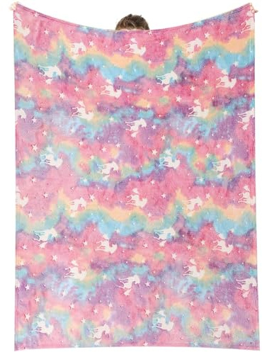 Spiritzohic Glow in the Dark Blanket, 120x150cm Soft Flannel Fleece Blanket for Kids, Rainbow Unicorn Pink