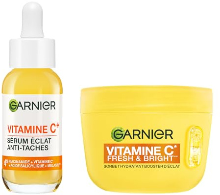 GARNIER - SkinActive Vitamine C - Crème Sorbet Hydratante Fresh & Bright (85 ml) + Sérum Jour Vitamine C (30 ml) - Réduit Les Taches Brunes, Unifie & Boost l’Éclat du Teint - Tous Types de Peaux