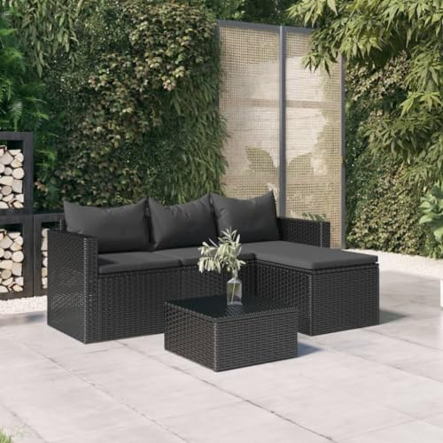 QJBSAVVA Set lounge da giardino a 3 posti, con tavolo e sgabello, in rattan sintetico, nero, 176 x 64 x 60 cm, design moderno, robusto e facile da pulire, per balcone, terrazza e giardino