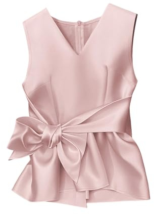 SHENHE Women's Satin Tank Top Tie Bow Sleeveless V Neck Ruffle Peplum Blouse Dressy Work Top Pink Medium