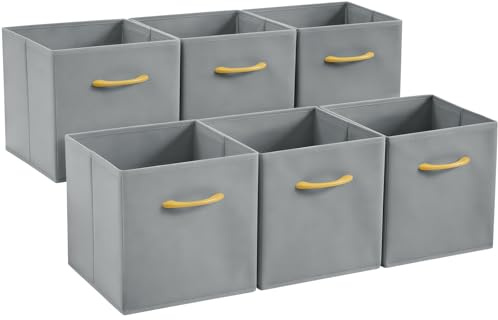 Collapsible Fabric Storage Cubes, Pack of 6 Foldable Boxes with Handles | Gray 33 x 38 x 33 cm | Non-Woven Fabric | Open-Top Cube Shelf Baskets For Wardrobes, Toys, Clothes & Nursery